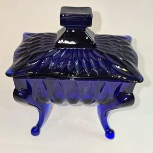 VTG Indiana Glass Cobalt Blue Footed Trinket Box - Queen Anne Legs
